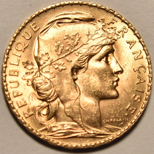 1908 French 20 francs, heads